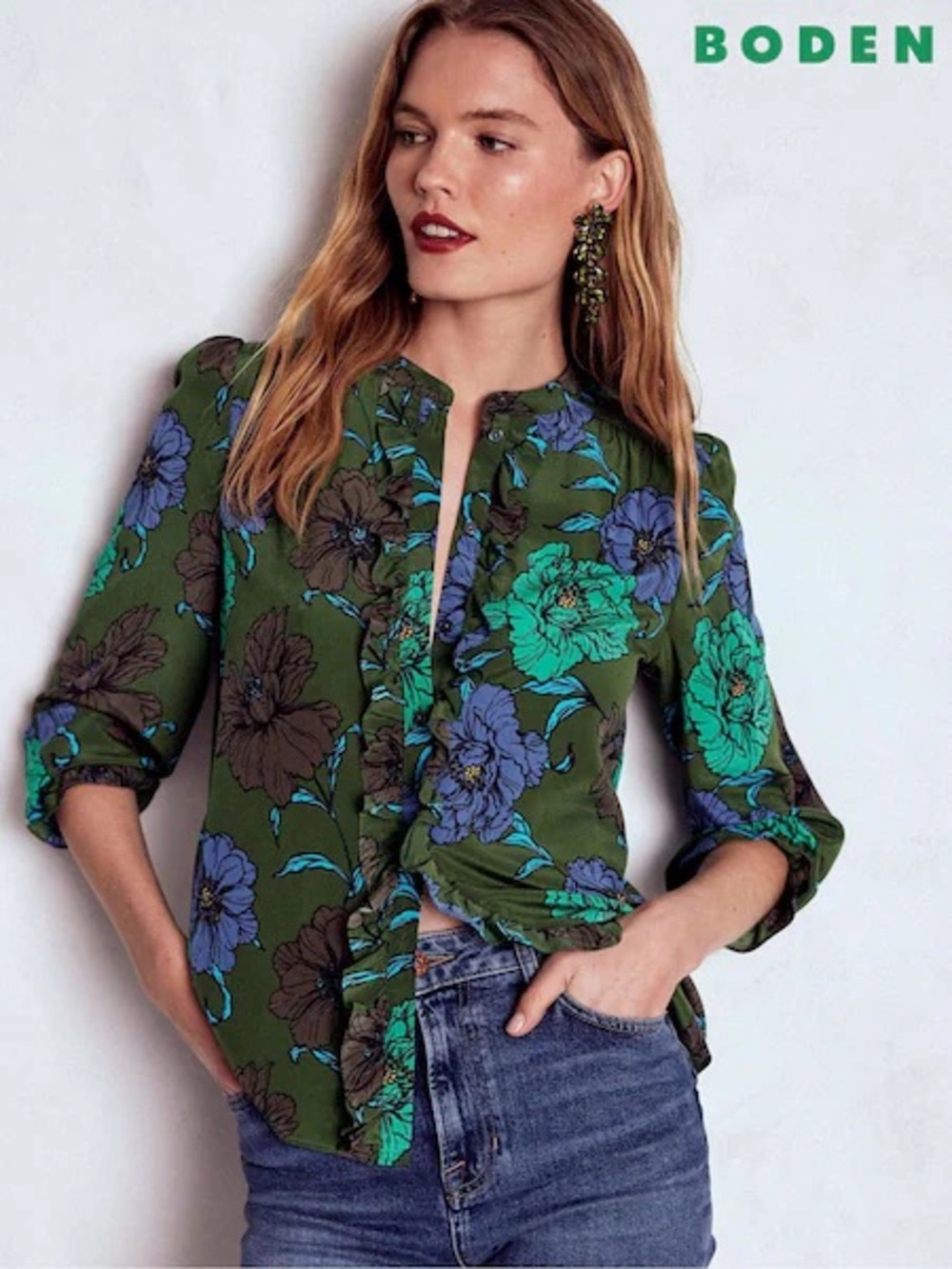 Boden Alice Silk Olive Green Floral Button-Front Shirt NEW